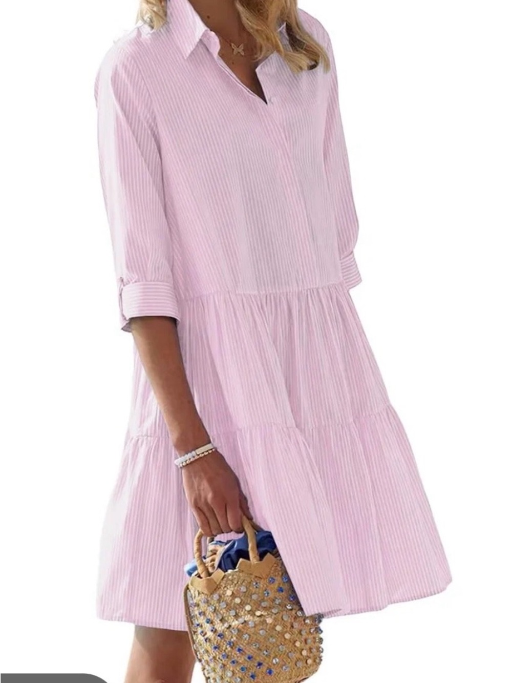 Casual Pink Striped Tiered Shirt Dress size M cotton